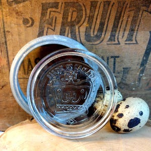 One Vintage IMPERFECT Clear Crown Glass Insert Rustic Zinc Band Fits Corona Crown Jars Will NOT Fit Standard Mouth Mason Jars Lines in Glass