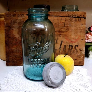 One Vintage IMPERFECT Aqua Blue Ball Perfect Mason Half Gallon Sized Jar Gripper Ribs Rustic Regular or Standard Mouth Ball Brand Zinc Lid