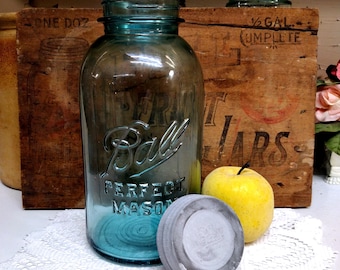One Vintage IMPERFECT Aqua Blue Ball Perfect Mason Half Gallon Sized Jar Gripper Ribs Rustic Regular or Standard Mouth Ball Brand Zinc Lid