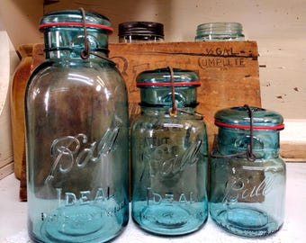 3 Vintage IMPERFECT Aqua Blue Ball Ideal Jars Half Gallon Quart and Pint Sized Wire Bails and Nice Aqua Glass Lids PLEASE Read Description