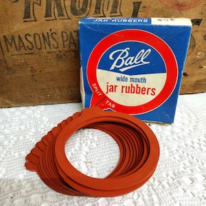 One Vintage New Old Stock Box of WIDE MOUTH Ball Brand Split Tab Jar Rubbers Vintage Canning Supply 12 Gaskets Included Box is ROUGH