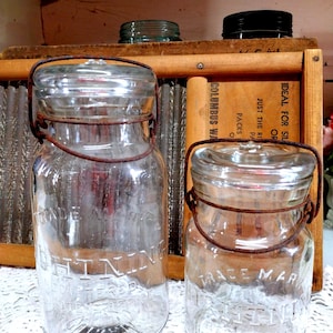 Two Antique Clear Trademark Lightning Registered Patent Office Quart and Pint Sized Jars with Wire Bails and Glass Lids READ DESCRIPTION