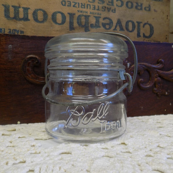 One Vintage Half Pint Third Pint Clear Ball Ideal Jar with Wire Bail and Glass Lid