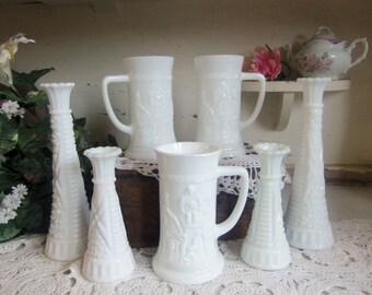 7 Piece White or Milk Glass Stein and Bud Vase Set 3 Steins 4 Bud Vases B879