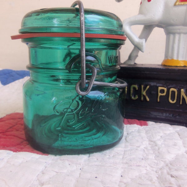 1 Vintage Half Pint Aqua Ball Ideal Jar REPRODUCTION Bicentennial with Wire Bail and Glass Lid  B1344