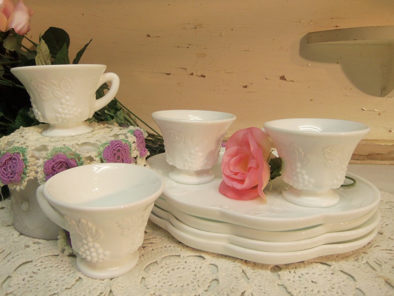 8 Piece Vintage White or Milk Glass Snack Sets 4 Cups and 4 Plates B943 image 5
