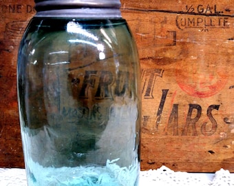 Antique Mason Jar Half Gallon Mason's Patent 1858 Aqua Blue with Rustic Zinc Lid ERROR JAR 342