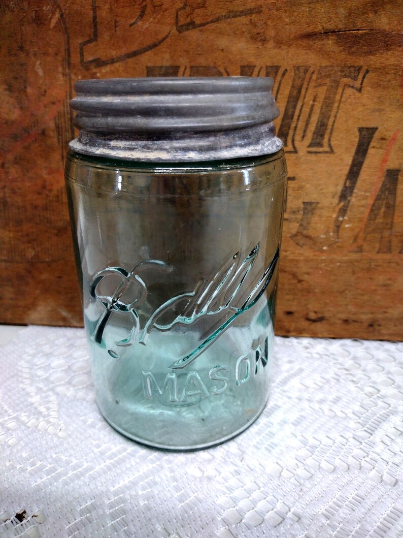 One Antique Aqua Blue 3 L Ball Mason Pint Sized Jar with Rustic Zinc Lid CHIP to LIP Imperfect Jar Please Read Description image 5