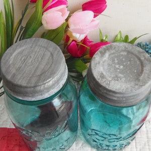 Two Vintage SLIGHTLY IMPERFECT Ball Perfect Mason Aqua Colored Quart Sized Jars Regular or Standard Mouth with Rustic Zinc Lids image 2