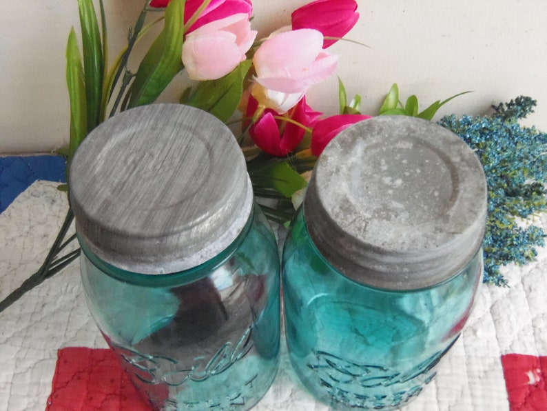 Two Vintage SLIGHTLY IMPERFECT Ball Perfect Mason Aqua Colored Quart Sized Jars Regular or Standard Mouth with Rustic Zinc Lids image 2