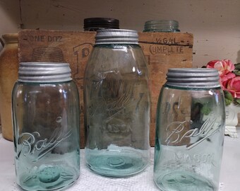 3 IMPERFECT Antique Aqua 3L Ball Mason Jars One Half Gallon Sized Two Quart Sized Jars Rustic Zinc Lids Shoulder Seal Jars STANDARD Mouth