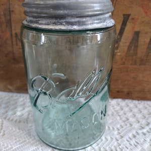 One Antique Aqua Blue 3 L Ball Mason Pint Sized Jar with Rustic Zinc Lid CHIP to LIP Imperfect Jar Please Read Description