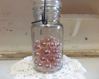 One Vintage Pint Sized Clear Jar Filled with Pink Glass Marbles Baby Shower Supply Gender Reveal Party