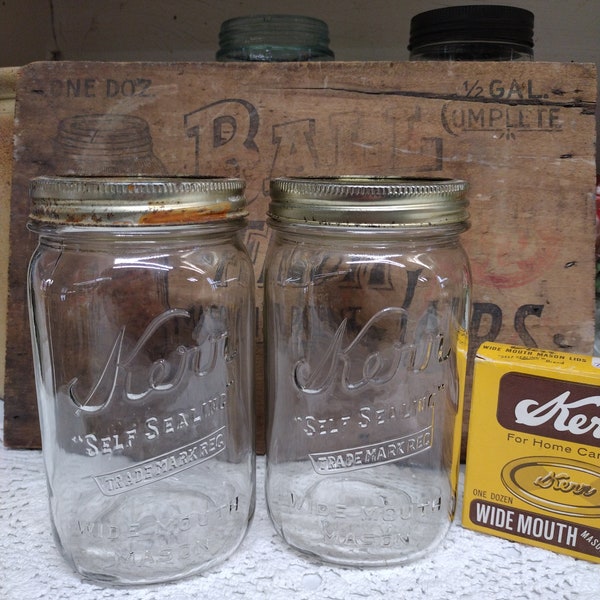Two Vintage Kerr Self Sealing Mason Clear Quart Sized Jars Wide Mouth Small CHIPS and Flash Line Lip Lids Included PLEASE READ Description