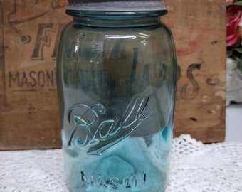 One Antique Ball Mason Aqua Blue Quart Sized Bead Seal Jar with Tall B Zinc Lid SMALL CHIP to LIP of the Jar Very Pretty Antique Jar