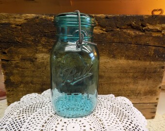 1 Vintage REPRODUCTION Aqua Blue Quart Sized Ball Ideal Bicentennial Jar with Wire Bail and Glass Lid Retro Farmhouse B1482
