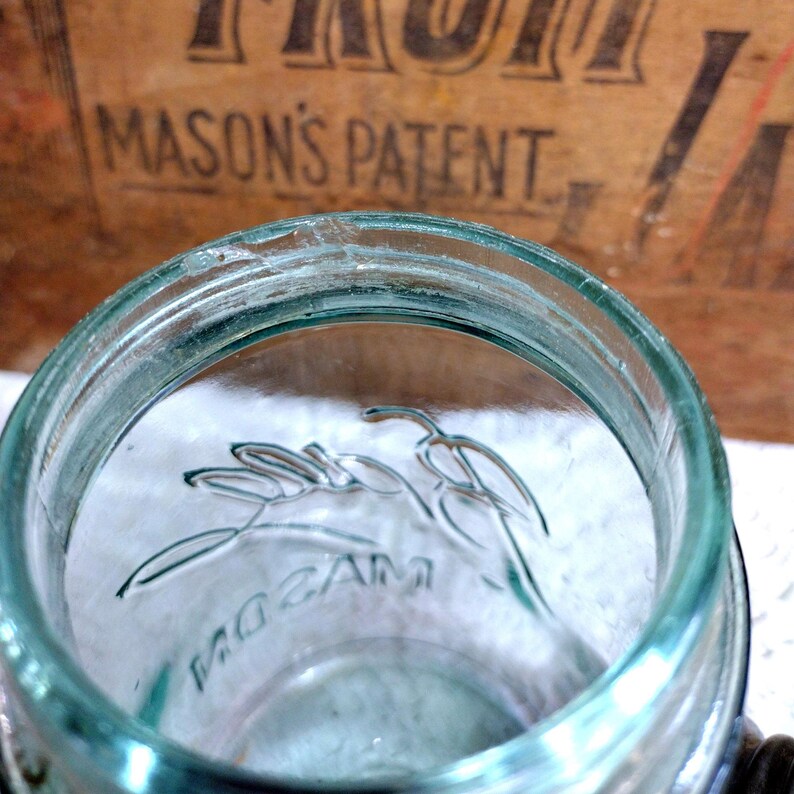 One Antique Aqua Blue 3 L Ball Mason Pint Sized Jar with Rustic Zinc Lid CHIP to LIP Imperfect Jar Please Read Description image 3