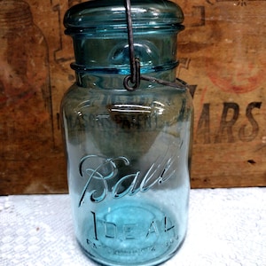 One Vintage SLIGHTLY IMPERFECT Aqua Blue Ball Ideal Quart Sized Jar with Wire Bail and LIGHT Aqua Regular or Standard Mouth Glass Lid