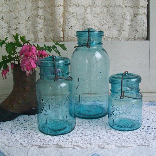 3 Vintage IMPERFECT Aqua Blue Ball Ideal Jars Half Gallon Quart and Pint Sized with LIGHT EMBOSSING and Light Aqua Colored Glass Lids