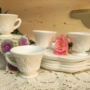 8 Piece Vintage White or Milk Glass Snack Sets 4 Cups and 4 Plates B943 image 1