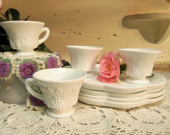 8 Piece Vintage White or Milk Glass Snack Sets 4 Cups and 4 Plates B943