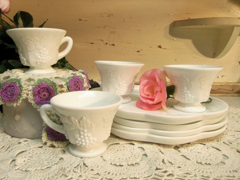 8 Piece Vintage White or Milk Glass Snack Sets 4 Cups and 4 Plates B943 image 1