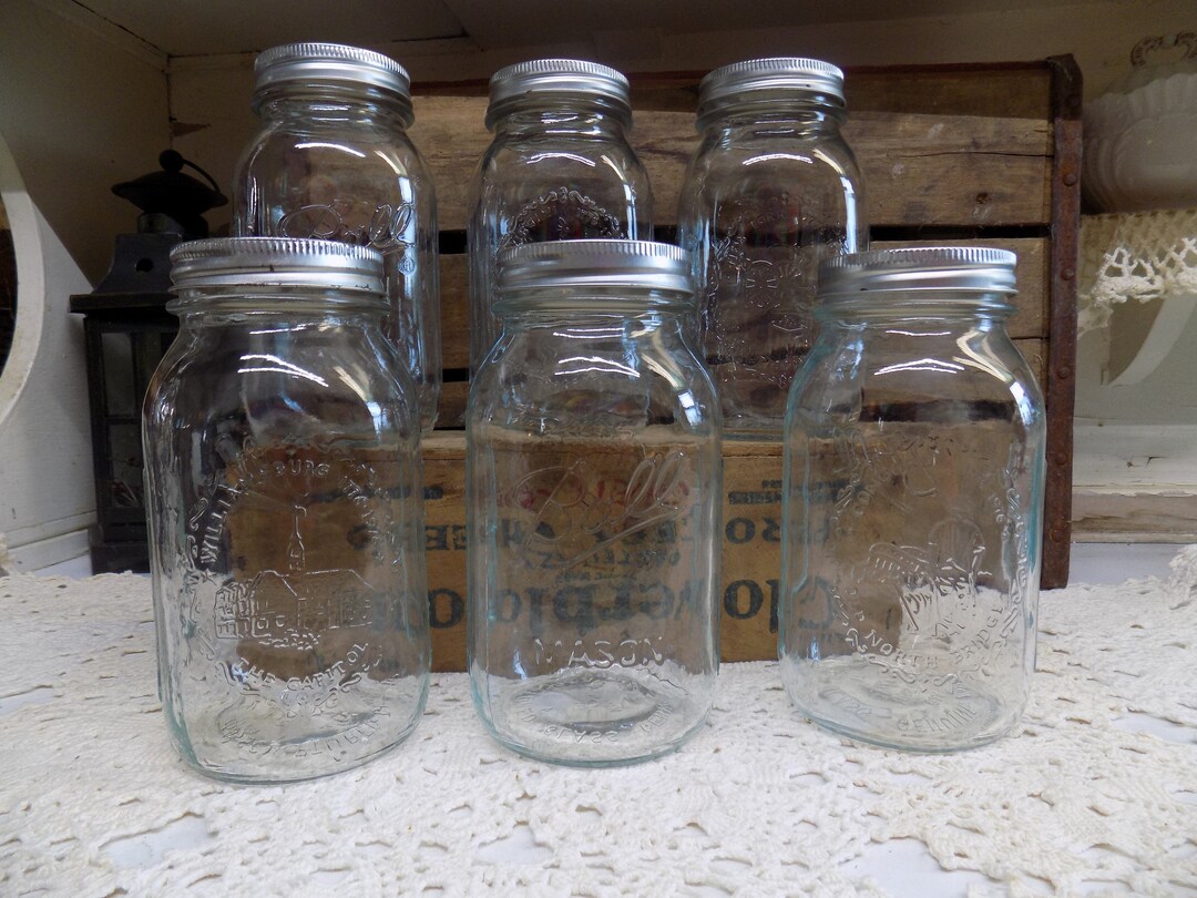 6 Vintage Clear Quart Ball Mason Bicentennial Scene Jars With Modern