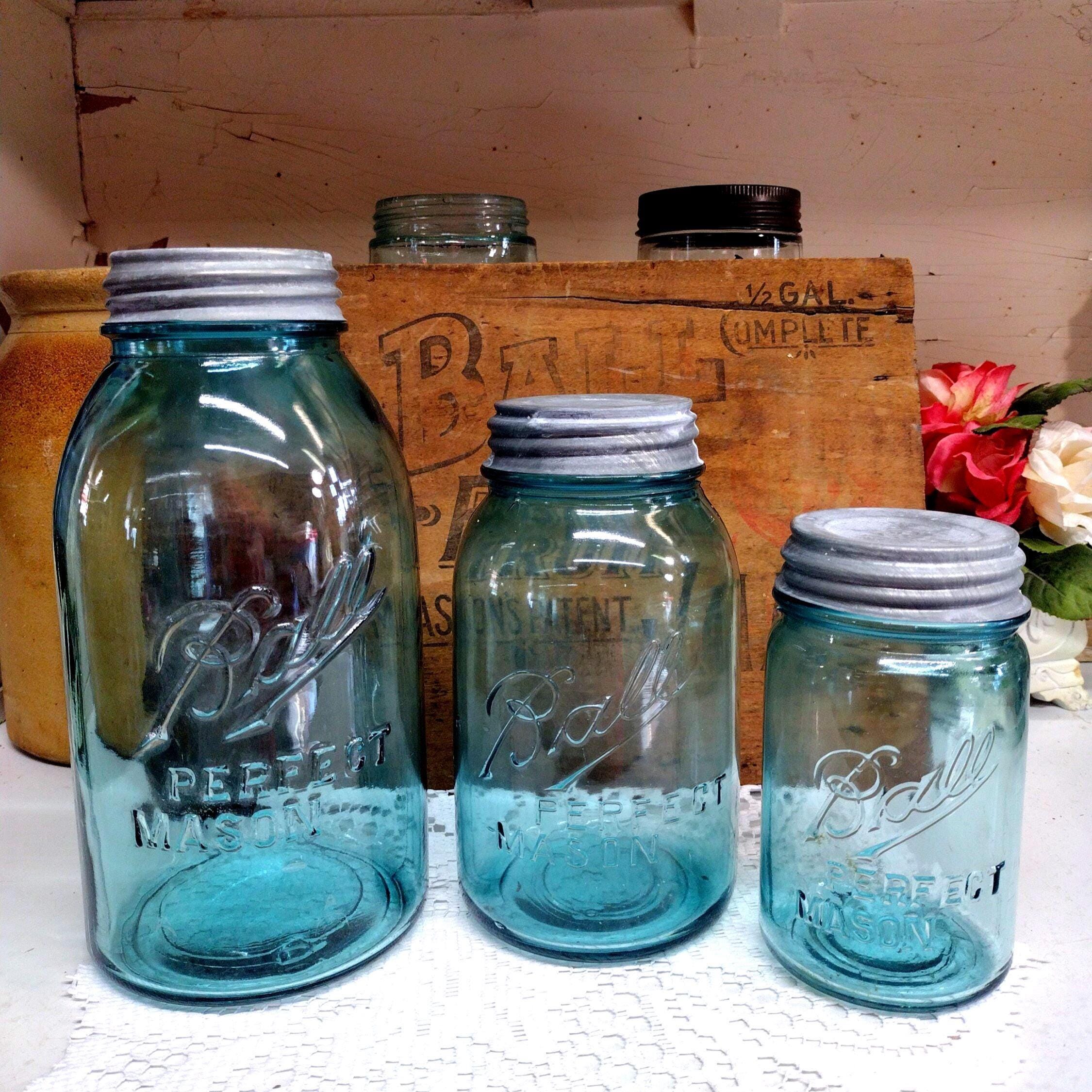 3 Antique IMPERFECT Aqua Blue Ball Perfect Mason Jars Offset Embossing Half Gallon Quart Pint Sized Rustic Zinc Lids Please Read Description