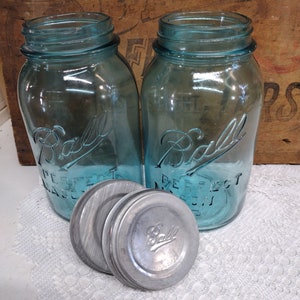 Two Aqua Blue IMPERFECT Quart Sized Ball Perfect Mason Jars with Offset Embossing Zinc Lids CHIPS to LIPS and Bead Seals image 10