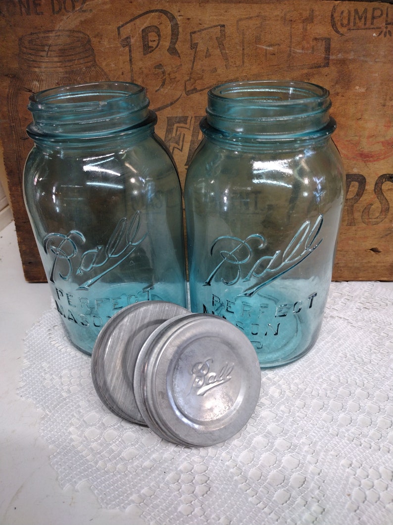 Two Aqua Blue IMPERFECT Quart Sized Ball Perfect Mason Jars with Offset Embossing Zinc Lids CHIPS to LIPS and Bead Seals image 10