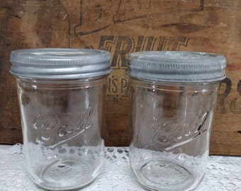 Two Clear Retro Pint Sized Tapered WIDE MOUTH Ball Canning Jars with Measuring Increments on the Reverse with VERY Rustic Zinc Freezer Caps