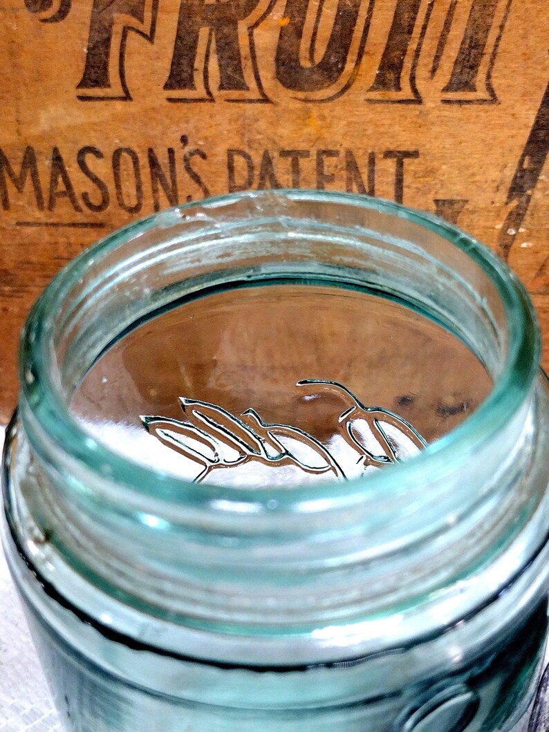 One Antique Aqua Blue 3 L Ball Mason Pint Sized Jar with Rustic Zinc Lid CHIP to LIP Imperfect Jar Please Read Description image 7
