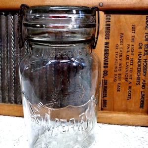 One Vintage Quart Sized Clear Oval Wears Jar with Twin Wire Clamps and Kant Krack Glass Lid Primitive Condition PLEASE READ DESCRIPTION