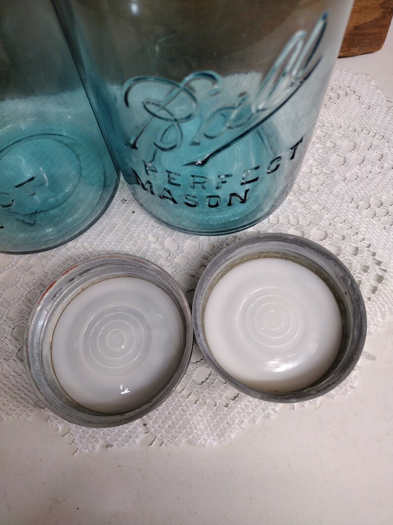 Two Aqua Blue IMPERFECT Quart Sized Ball Perfect Mason Jars with Offset Embossing Zinc Lids CHIPS to LIPS and Bead Seals image 8