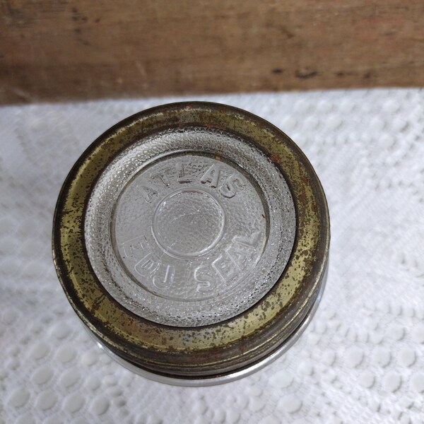 One Vintage Standard Mouth Atlas EDJ Seal Canning Jar Lid Clear Glass Insert Rustic Metal Band Lines in the glass RUSTIC IMPERFECT