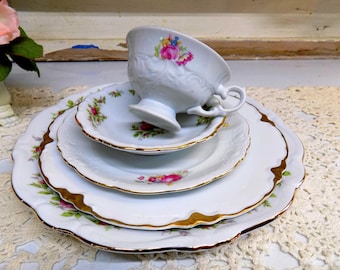 5 Piece Vintage IMPERFECT Mismatched China Place Setting Tea Party Wedding China pink and white