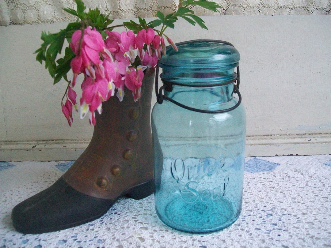1 Vintage Aqua Blue Quick Seal Jar Quart Sized With Glass Lid Etsy