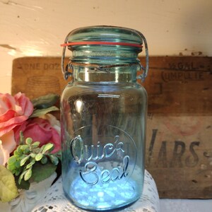 1 Vintage IMPERFECT Aqua Blue Quick Seal Jar Quart Sized with Glass Lid and Wire Bail Lip is ROUGH Scratches to Lid