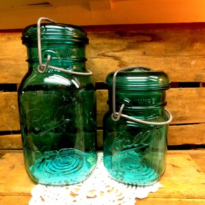 2 REPRODUCTION Ball Ideal Bicentennial Aqua Blue Jars Pint and Quart Sized Jars with Wire Bails and Aqua Blue Lids SCRATCHED LIDS