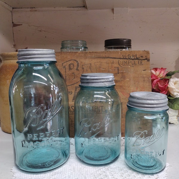 3 Antique Aqua Colored IMPERFECT Offset Ball Perfect Mason Jars Half Gallon Quart and Pint Sized  Rustic Zinc Lids Please Read Description