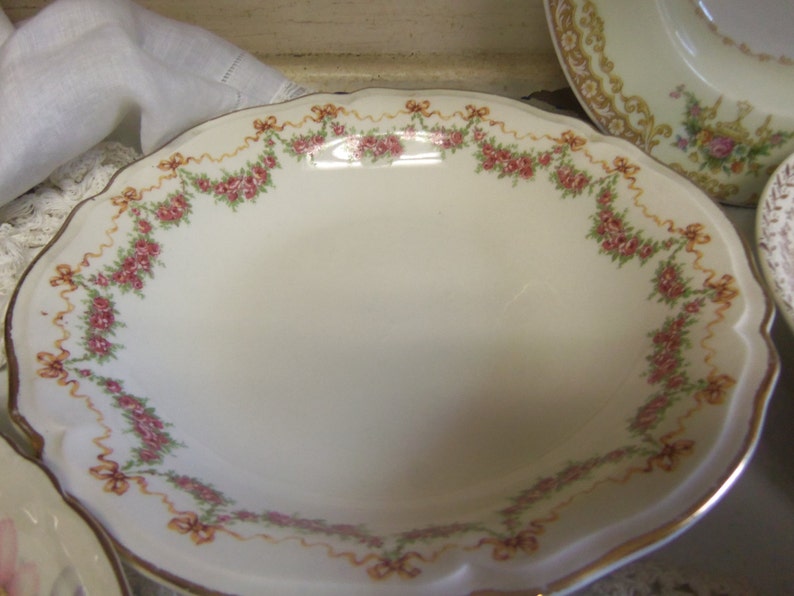 6 Piece Vintage China Shallow Bowl Set Mismatched Wedding China Pinks and Golds B1052 image 3