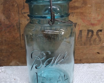 ONE Vintage SLIGHTLY IMPERFECT Aqua Blue Ball Ideal Quart Sized Jar with Wire Bail and Aqua Glass Lid 7 Inches Tall Standard Mouth Jar