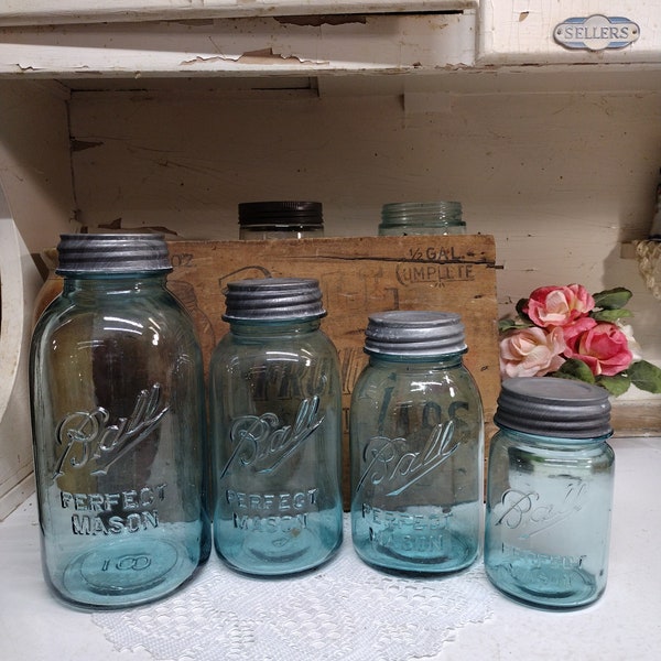 4 Vintage IMPERFECT Aqua Blue Ball Perfect Mason Jars with Zinc Lids Half Gallon, 42 oz, Quart, Pint CHIP to Threads of 42 ounce Lips ROUGH