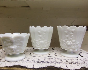 3 Piece Vintage Westmoreland Milk Glass Jardinier 2 Medium 1 Small Straight Footed Paneled Grape  B950