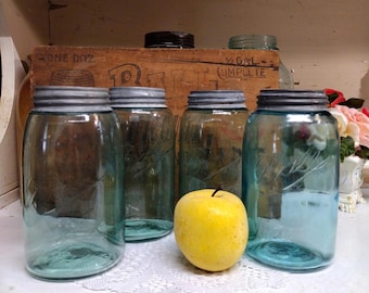 4 Antique IMPERFECT Aqua Colored 3L Ball Jars Quart Sized with Rustic Zinc Lids Jars May Have Some Haze Primitive Shoulder Seal Jars