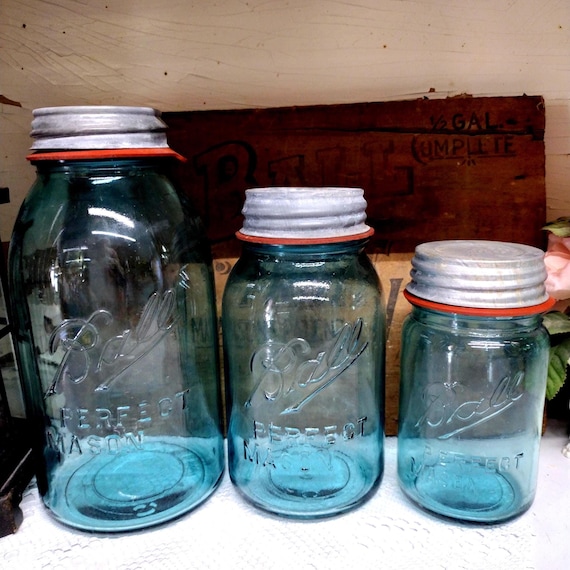 3 Antique SLIGHTLY IMPERFECT Aqua Blue Ball Perfect Mason Jars Half Gallon Quart and Pint Sized With Offset Embossing and Rustic Zinc Lids