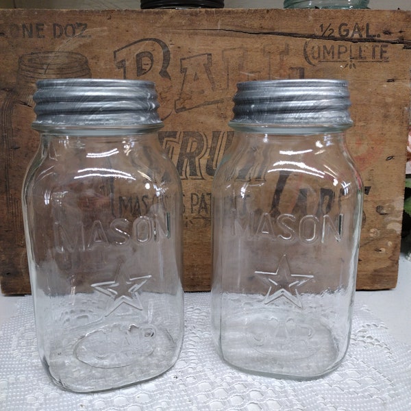 Two IMPERFECT Vintage Quart Sized Mason Star Jars with New Old Stock Unmarked Zinc Lids PATCHY HAZE to Base