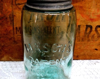 One Antique IMPERFECT Light Aqua Mason's Patent Nov 30th 1858 Quart Sized Jar and Unmarked RUSTIC Zinc Lid Bubbles in the Glass