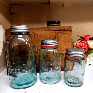 3 Vintage IMPERFECT Light Aqua Atlas Strong Shoulder Mason Jars Half Gallon Quart and Pint Sized with Atlas Brand Zinc Lids READ DESCRIPTION
