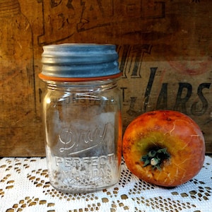 May include: A clear glass jar with a metal lid and a red rubber ring. The jar is labeled "Dray Perfect Mason." An orange and yellow apple sits next to the jar. The background is a wooden surface.